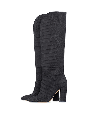 Black Crocodile Leather Heeled Tall Boots, 1