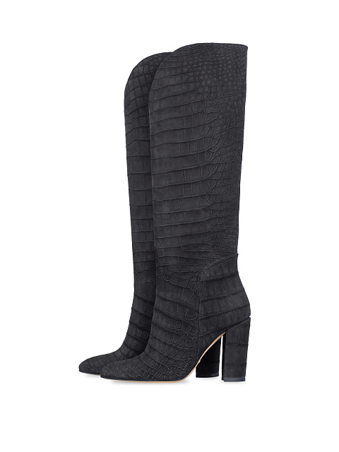 Black Crocodile Leather Heeled Tall Boots, 1