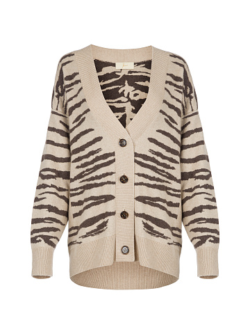 Beige Cashmere Tiger Printed Cardigan, 1