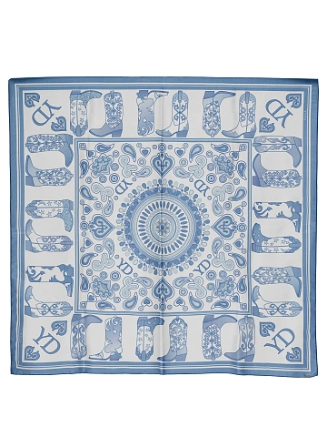 Blue Western Print Silk Scarf, 1