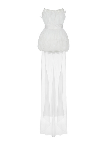 White Silk Feathers Trimmed Bridal Dress, 1