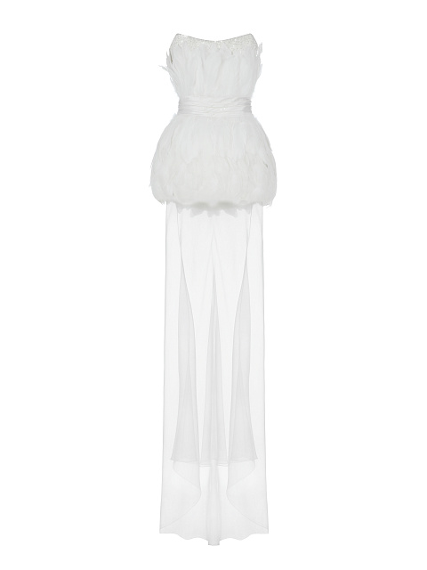 White Silk Feathers Trimmed Bridal Dress, 1 White Silk Feathers Trimmed Bridal Dress, 1