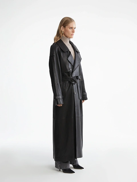 Black Textured Leather Trench Coat, 3 Black Textured Leather Trench Coat, 3