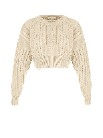 Light Beige Cotton Cropped Cable Knit Sweater, 1