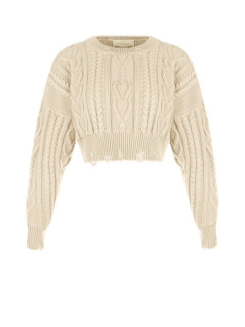 Light Beige Cotton Cropped Cable Knit Sweater, 1 Light Beige Cotton Cropped Cable Knit Sweater, 1