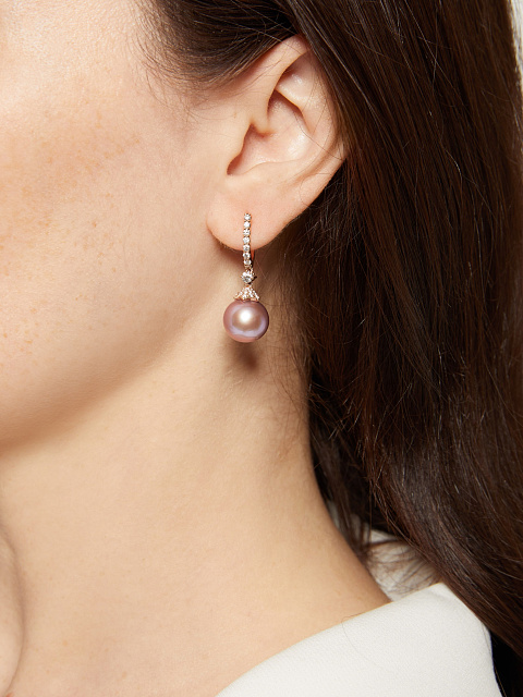 Pink gold earrings with lavender pearls and diamonds, 2