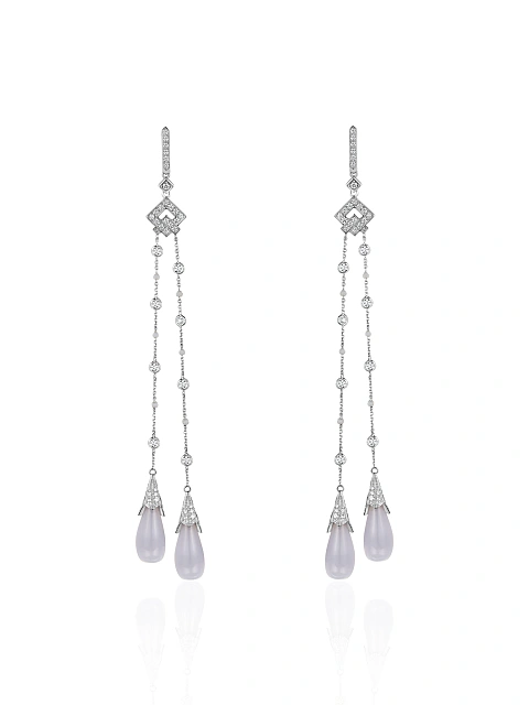 White Gold, Chalcedony & Diamonds Long Earrings, 1
