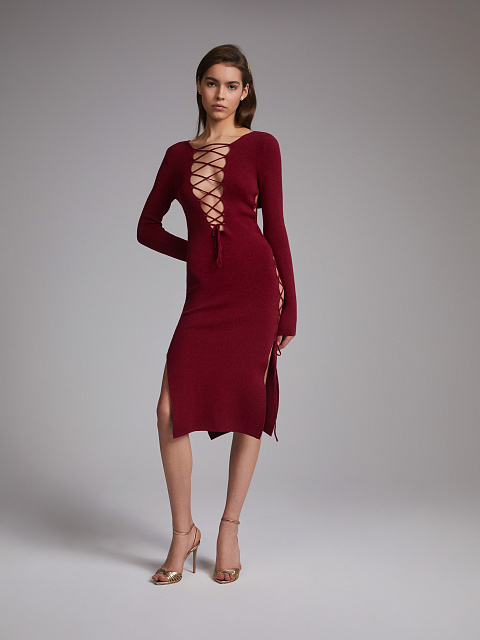 Bordeaux Lace Up Jersey Midi Dress, 6 Bordeaux Lace Up Jersey Midi Dress, 6