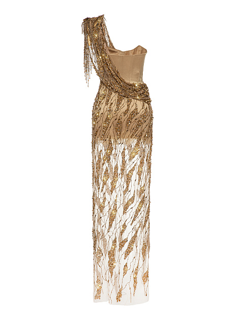 Gold Asymmetric Embroidered Mesh Maxi Dress, 2 Gold Asymmetric Embroidered Mesh Maxi Dress, 2
