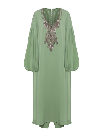 Green crepe silk suit, tunic trimmed with embroidery, joggers with elastic waistband, 1