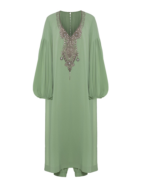 Green crepe silk suit, tunic trimmed with embroidery, joggers with elastic waistband, 1 Green crepe silk suit, tunic trimmed with embroidery, joggers with elastic waistband, 1