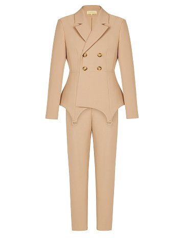 Beige Double-Breasted Peplum Pantsuit, 1