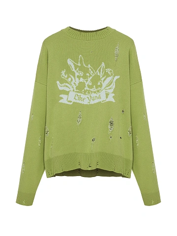 Neon Green Printed Distressed Cotton Sweater, 1