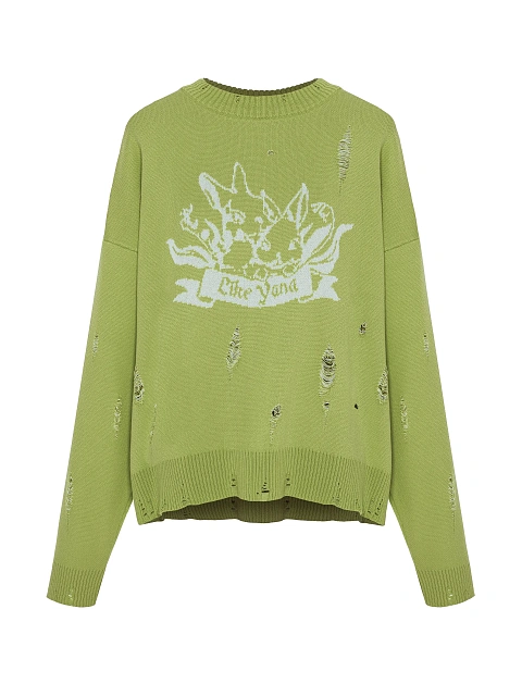 Neon Green Printed Distressed Cotton Sweater, 1 Neon Green Printed Distressed Cotton Sweater, 1