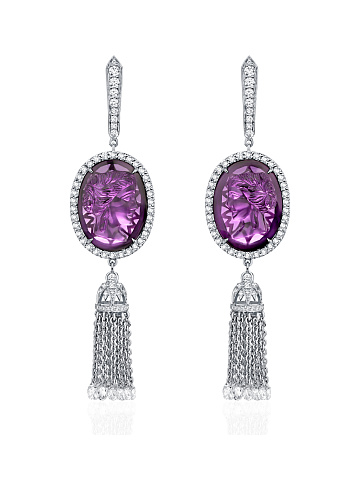Cameo on Amethyst, Diamond & White Gold Tassel Earrings, 1