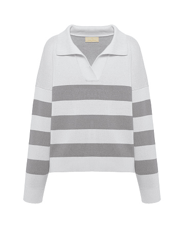 White & Grey Striped Cotton Pullover, 1