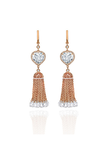 Heart Rock Crystal, Briolette Rock Crystal, Round Topaz White & Rose Gold Tassel Earrings, 1