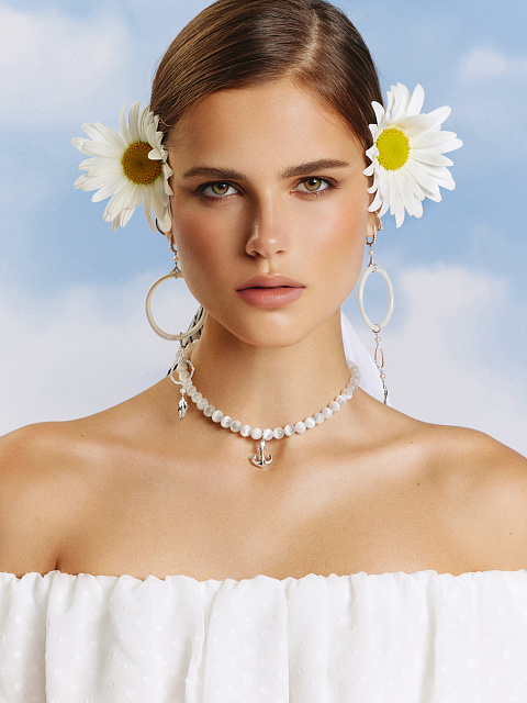 Round Diamond & White Pearl & White Pearl & White Gold Earrings, 4