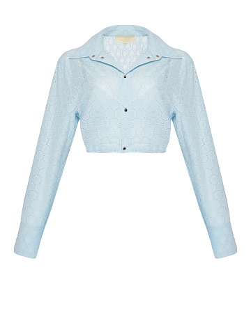 Light Blue Cotton Lace Set Of Bra & Cropped Shirt, 2