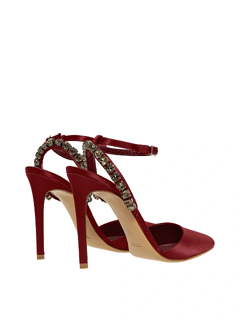 Burgundy satin pumps with pointed toe and rhinestones, 4