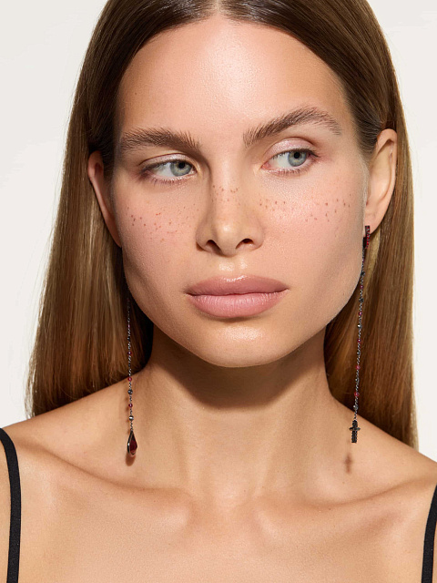 Earrings made of blackened gold with garnet and black diamonds, 2