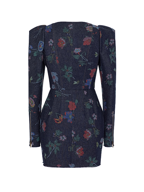 Blue Floral Print Denim Mini Dress, 3 Blue Floral Print Denim Mini Dress, 3
