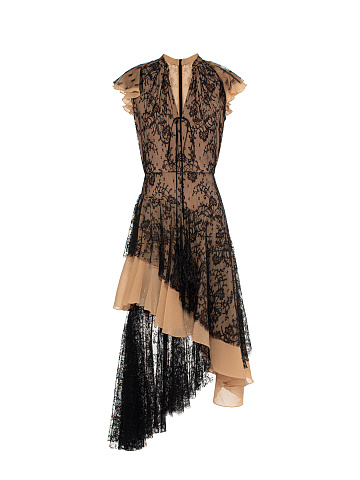 Beige & Black Lace Chiffon Midi Dress, 1