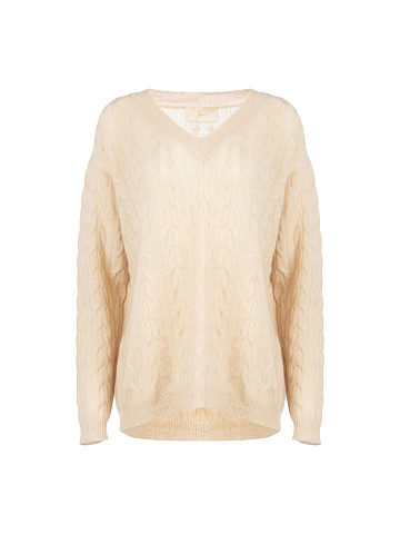 Beige Cashmere Cable Knit Pullover, 1
