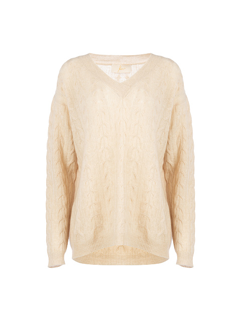 Beige Cashmere Cable Knit Pullover, 1