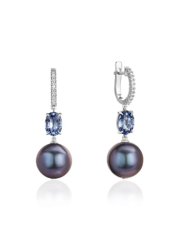 Oval Sapphire, Black Bead Pearl, Round Diamond & White Gold Earrings, 1
