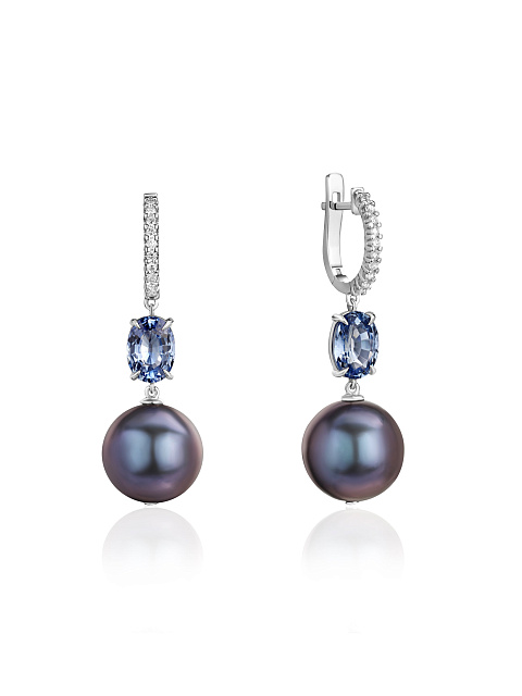 Oval Sapphire, Black Bead Pearl, Round Diamond & White Gold Earrings, 1