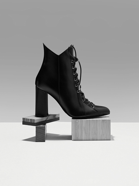 Black Leather Lace-Up Ankle Boots, 5