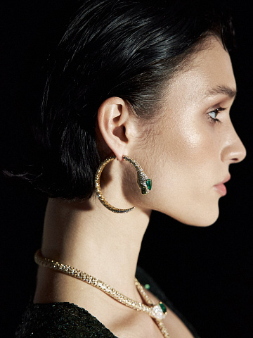 Trillion Emerald, Round Emerald, Round Diamond & Gold Hoop Earrings, 2