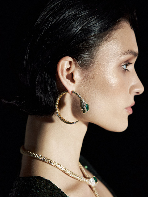 Trillion Emerald, Round Emerald, Round Diamond & Gold Hoop Earrings, 2