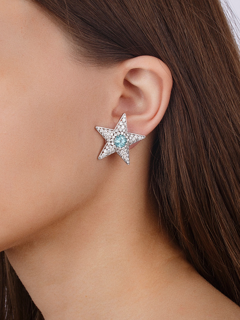Tourmaline Paraiba, Round Diamond & White Gold "Star" Earrings, 2