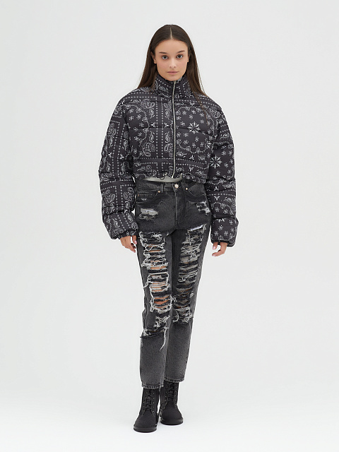 Black cropped down jacket with paisley pattern, 14 Black cropped down jacket with paisley pattern, 14