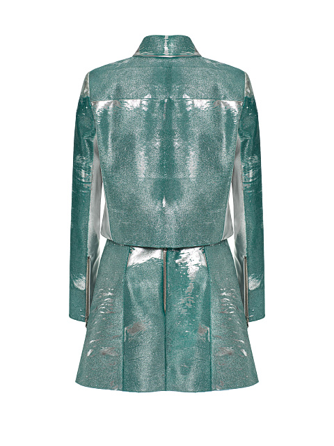 Turquoise leather set with cropped jacket and mini skirt, 2 Turquoise leather set with cropped jacket and mini skirt, 2