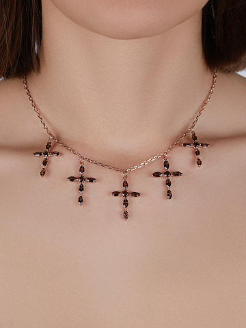 Rose Silver & Quartz 5 Crosses Necklace, 2