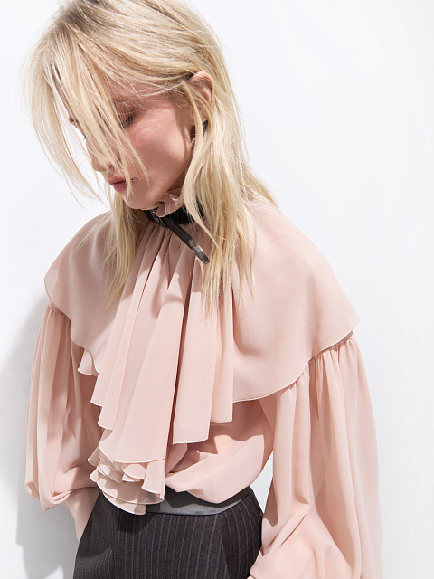 Beige chiffon blouse with ruffles and ribbon, 3