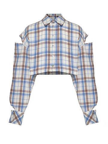 Beige & Blue Cut Out Cropped Check Shirt, 1