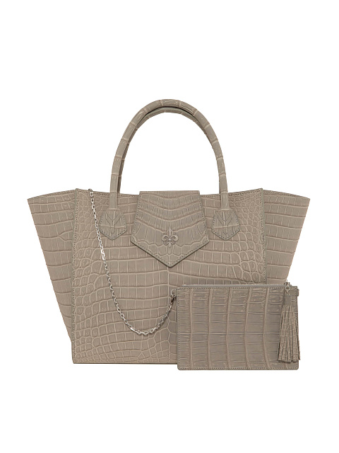 Beige Trapeze Bag With Crocodile Leather Clutch, 4