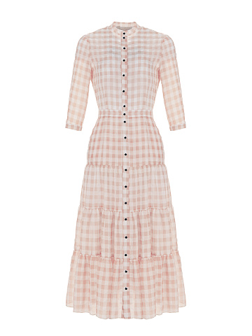 Peach Orange Checked Chiffon Midi Dress, 1