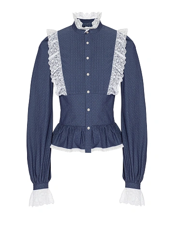 Blue Lace Trim Polka Dot Cotton Blouse, 1