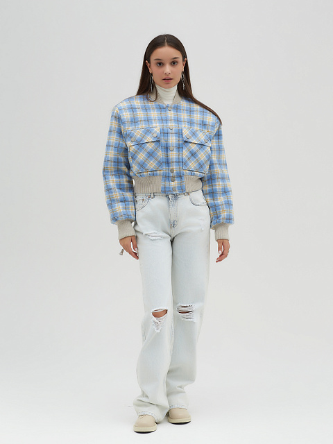 Light Blue Plaid Cropped Bomber Jacket, 4 Light Blue Plaid Cropped Bomber Jacket, 4