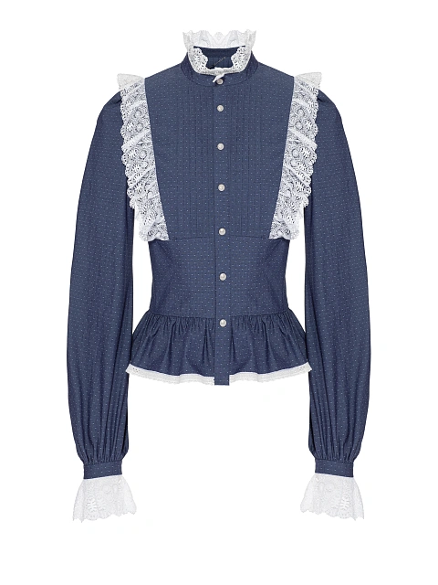 Blue Lace Trim Polka Dot Cotton Blouse, 1