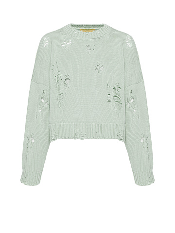Mint Green Distressed Cropped Cotton Sweater, 1