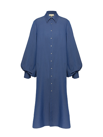 Blue Cotton Puff Sleeves Shirt Dress, 1