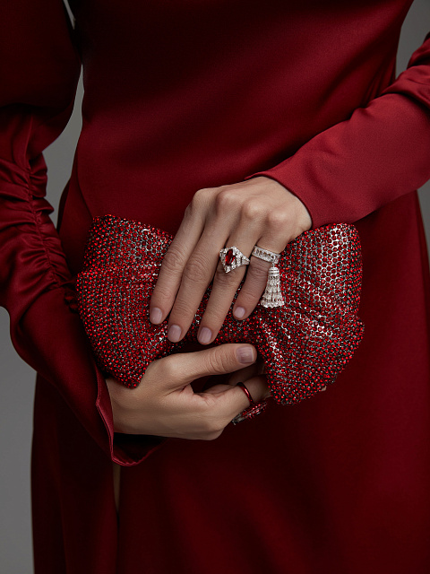 Pear Pigeon Blood Ruby, Round Diamond & White Gold Ring, 6