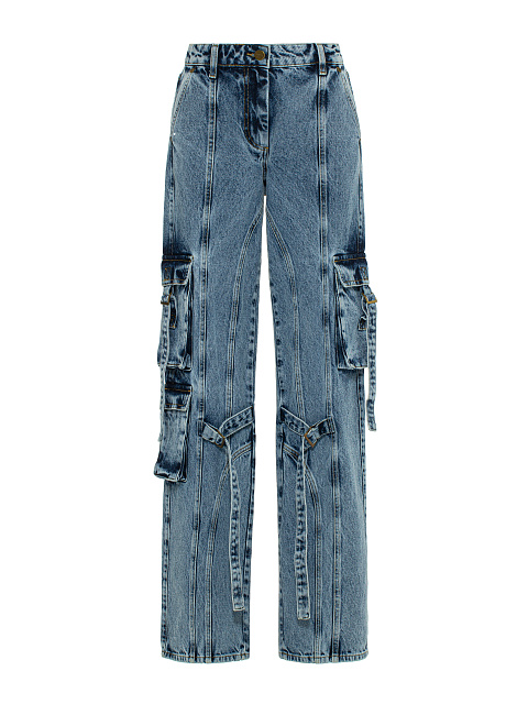 Blue Wide Leg Cargo Jeans, 1