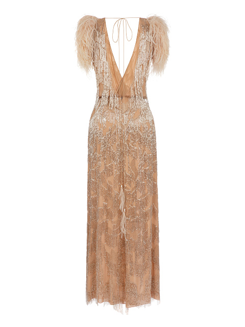 Beige Silk Dress With Sequins & Feathers, 2 Beige Silk Dress With Sequins & Feathers, 2